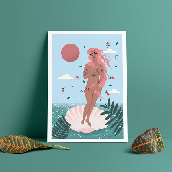 The New Venus Birth illustration A4 et A5, mer, feuille, femme