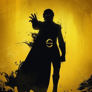 May include: A silhouette of a person in a long coat, with a stylized belt buckle, against a golden yellow background. The figure is reaching out with one hand. The image has a textured, artistic style.