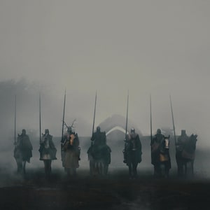May include: An artistic rendering of seven knights on horseback, each holding a long spear. The knights are clad in armor and helmets, silhouetted against a misty, overcast background. The image has a dark, medieval theme.