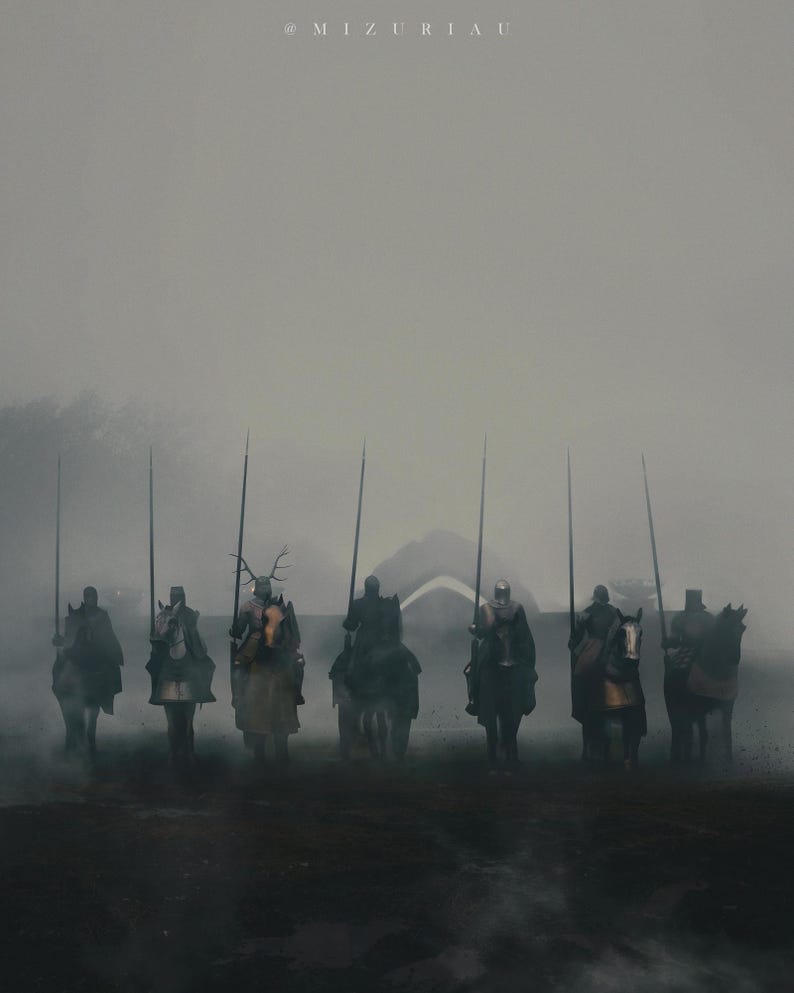 May include: An artistic rendering of seven knights on horseback, each holding a long spear. The knights are clad in armor and helmets, silhouetted against a misty, overcast background. The image has a dark, medieval theme.