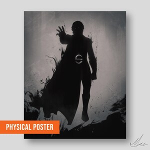 May include: A rectangular poster featuring a dark silhouette of a figure in a cape with one hand outstretched. The figure has a glowing circular emblem on the chest and is surrounded by swirling smoke-like effects against a gray background.