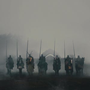 May include: An artistic rendering of seven knights on horseback, each holding a long spear. The knights are clad in armor and helmets, silhouetted against a misty, overcast background. The image has a dark, medieval theme.