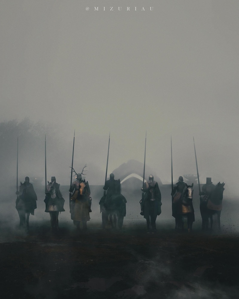 May include: An artistic rendering of seven knights on horseback, each holding a long spear. The knights are clad in armor and helmets, silhouetted against a misty, overcast background. The image has a dark, medieval theme.