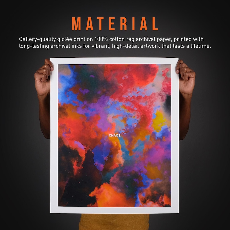 May include: A framed print with a vibrant abstract design in shades of red, orange, blue, and purple. The word "CHAOS" is printed in white. The text "MATERIAL" is at the top, with details about the print quality.