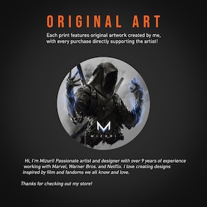 May include: Original art print featuring a hooded figure with glowing blue energy, holding swords. The artwork is set against a dark background with the text "ORIGINAL ART" in orange. The artist's logo, "Mizuri," is also visible.