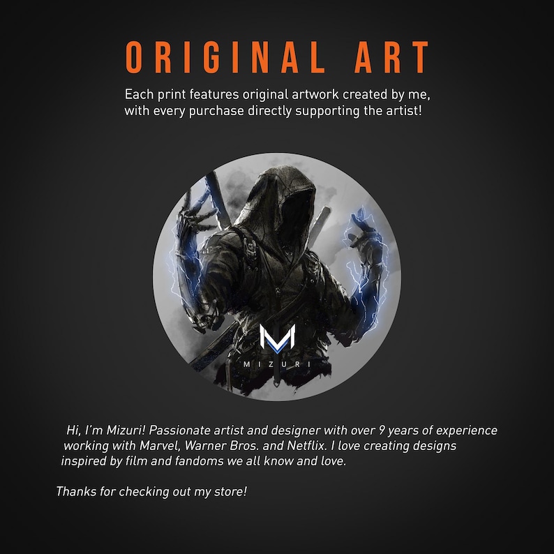 May include: Original art print featuring a hooded figure with glowing blue energy, holding swords. The artwork is set against a dark background with the text "ORIGINAL ART" in orange. The artist's logo, "Mizuri," is also visible.