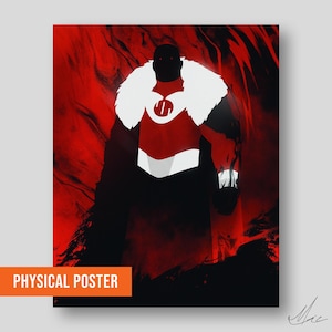 May include: A red and black physical poster featuring a stylized illustration of a figure with a white fur collar and a red and white outfit. The poster has the text "PHYSICAL POSTER" in an orange box.