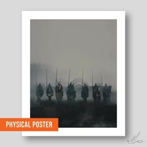 May include: A physical poster featuring a dramatic scene of mounted figures with spears, shrouded in mist. The figures are clad in dark attire, riding horses. The poster has an orange banner that reads "PHYSICAL POSTER".