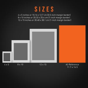 May include: Image displaying size options for prints, including 4 x 5 inches, 8 x 10 inches, and 12 x 15 inches, with corresponding centimeter measurements. An orange rectangle indicates an A3 reference size. Text at the top reads "SIZES".