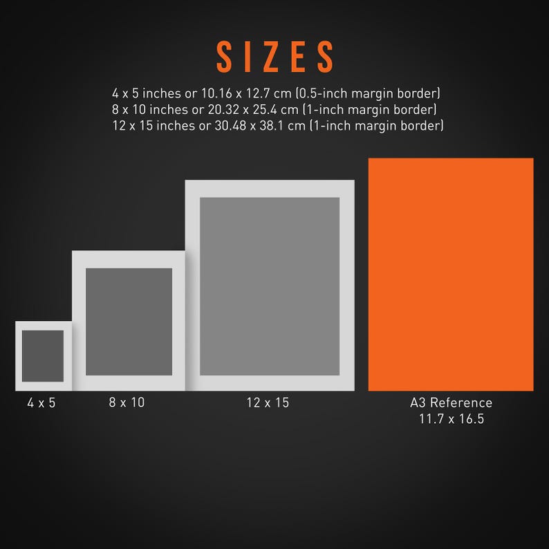 May include: Image displaying size options for prints, including 4 x 5 inches, 8 x 10 inches, and 12 x 15 inches, with corresponding centimeter measurements. An orange rectangle indicates an A3 reference size. Text at the top reads "SIZES".