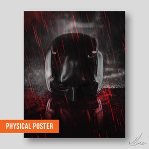 Könnte beinhalten: Ein schwarzes Poster mit einem Helmdesign in einem rot-schwarzen Farbschema. Das Poster hat eine dunkle, dramatische Ästhetik mit regenartigen Streifen. Die Worte "PHYSICAL POSTER" befinden sich in einem orangefarbenen Rechteck am unteren Rand.