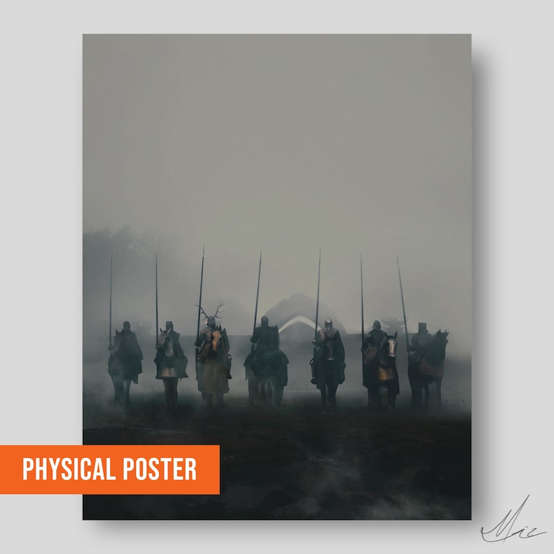 May include: A physical poster featuring a dark, atmospheric scene of medieval knights on horseback, each holding a lance. The knights are silhouetted against a misty background, with the text "PHYSICAL POSTER" in an orange box.