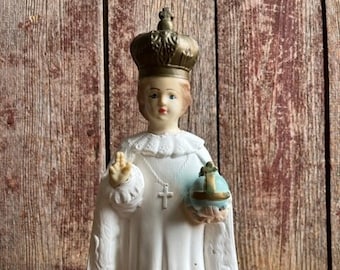 Vintage chalk ware Infant of Prague with rubber head and hands, 12x5x3