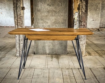 Schreibtisch Eiche industrial design massivholz Bürotisch Schublade minimal hairpin legs Stahl Gestell Tisch