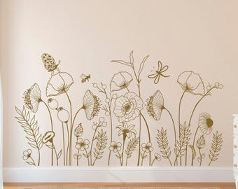 Hand-drawn Wildflower Garden Wall Decal: Floral Kids Room Decor, Flowers with Butterflies Art MW35