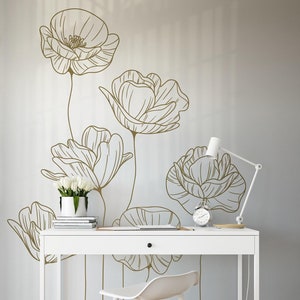 Poppy Line Art Wall Decal: Floral Wall Sticker, Botanical Decor MW124