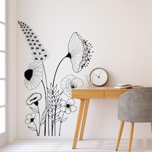 Wildflowers Wall Art Decal: Doodled Garden Sticker, Botanical Decor MW76