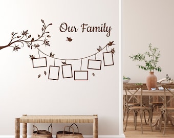 Family Tree Wall Decal: Branch with Photo Frames, Birds Vinyl Decor MW59