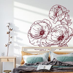 Poppy Wall Decal, Poppy Flower Wall Sticker, Floral Decor, Botanical Wall Art, Outline Flower Decor For Bedroom Home Living Room Bathroom 80