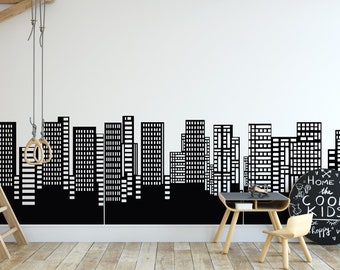 City Skyline Wall Decal: Large Vinyl Cityscape Decor, Superhero Room MW45