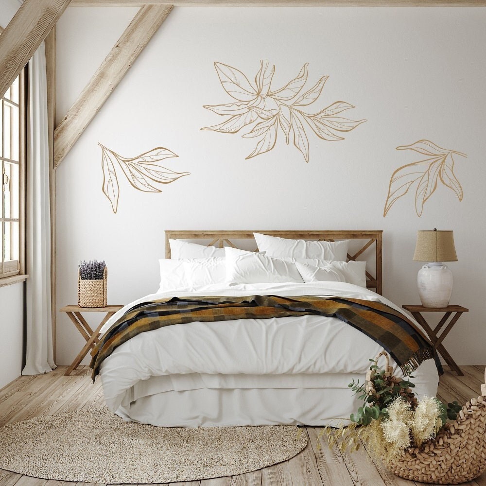 Set of 3 Leaves Wall Decal Line Art Plants Wall Decor Leaves Etsy
