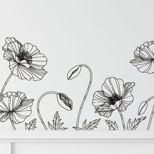 Poppy Line Art Wall Decal, Poppy Flowers Wall Sticker, Botanical Line Art Decals, Poppies Decals for Home Living Bedroom, Floral Decor #34