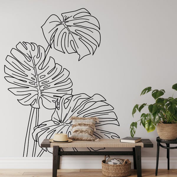 Monstera Line Art Wandtattoo: Monstera Blatt Ecke, Tropischer Dschungel Vinyl Decor MW71