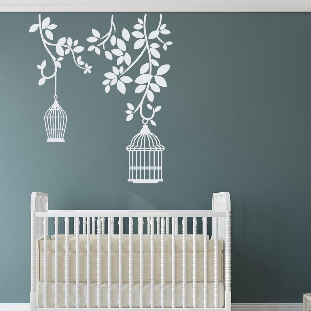 Birds Cage Tree Branch Wall Decal: Nursery Decor, Branch Vine Birdcage ...