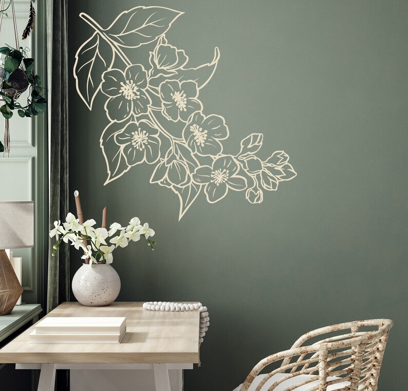 Jasmine Flower Branch Wall Decal: Floral Corner Art, Spring Home Decor ...