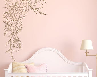 Peony Flower Wall Decal: Botanical Vinyl Art Sticker, Floral Corner Decor MW139