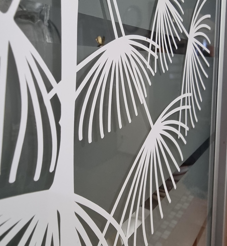 May include: White decorative window film with a design of stylized fern leaves. The film is applied to a glass window.