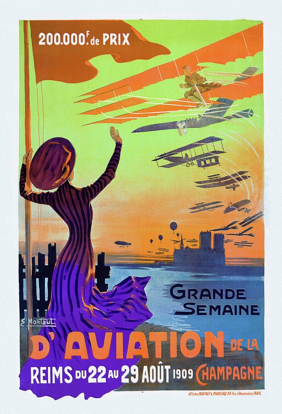 Champagne, Reims, Un Grand Semaine d'Aviation, une affiche de voyage sur toile de coton épaisse, environ 56 x 70cm