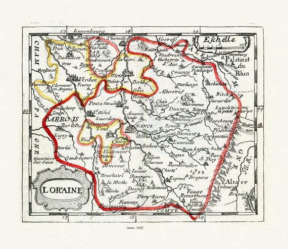 Du Val, Lo'raine, 1682, carte sur toile de coton épaisse, environ 56x70cm