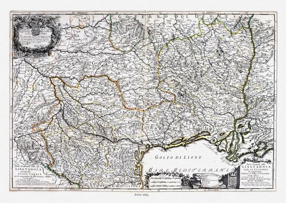 Languedoc: Rossi, Parte Orientale della Linguadoca , 1693, une carte sur toile de coton épaisse, environ 56x70cm