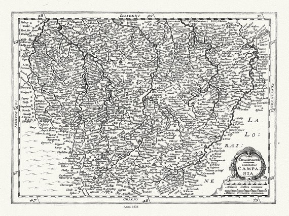 Champagne-Brie: van Waesberge, Mercator et Cloppenburg, Champagne  Comitatus Campania, 1636, carte sur toile de coton épaisse, 56x70cm