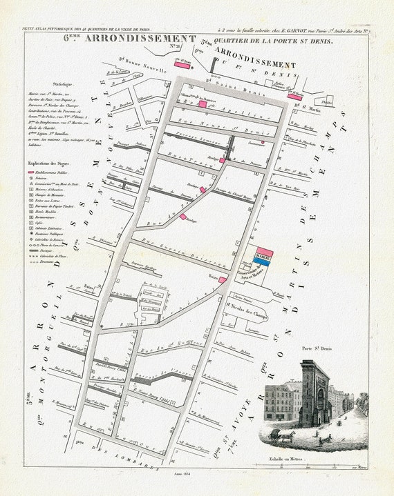 Perrot, Paris 6 Me. Arrondissement  Quartier de la Porte St. Denis. No. 21, 1834 , une carte sur toile de coton épaisse, environ 56x70cm