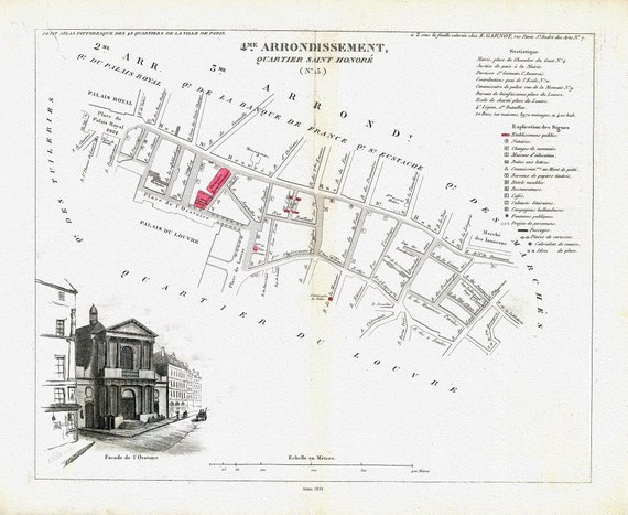 Perrot, Paris 4 Me. Arrondissement  Quartier Saint Honore. No. 13, 1834 , une carte sur toile de coton épaisse, environ 56x70cm