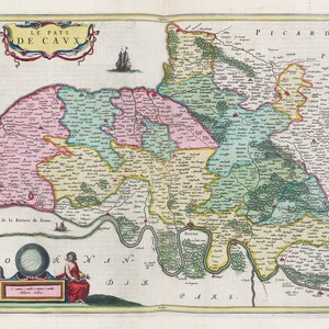 Normandie, Le Pays De Cavx, 1665, Blaeu auth. , une carte sur toile de coton épaisse, environ 56x70cm