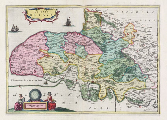 Normandie, Le Pays De Cavx, 1665, Blaeu auth. , une carte sur toile de coton épaisse, environ 56x70cm