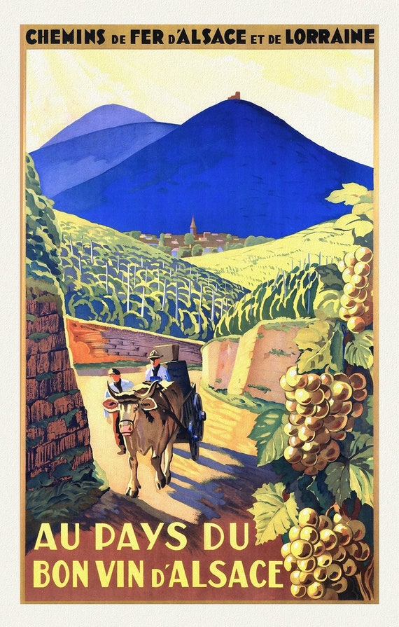 Au Pays du Bon Vin d'Alsace, 1930, une affiche de voyage sur toile de coton épaisse, environ 45x60cm