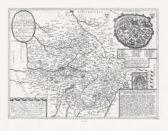 Rochemaillet (Michel de la)v, Totius Lemovici et Confinium prounciarum, Limoges, 1594, carte sur toile de coton épaisse, environ 56x70cm