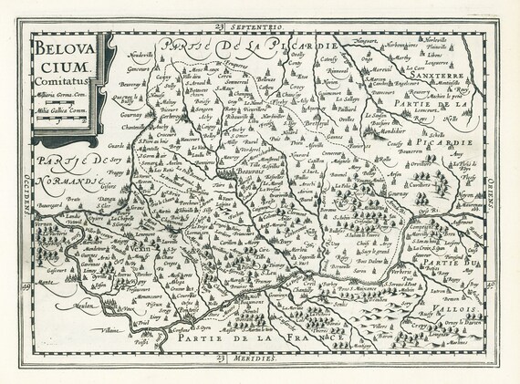 Beauvais:  Belovacium Comitatus, 1636. Mercator et al. auth., une carte sur toile de coton épaisse, environ 56x70cm