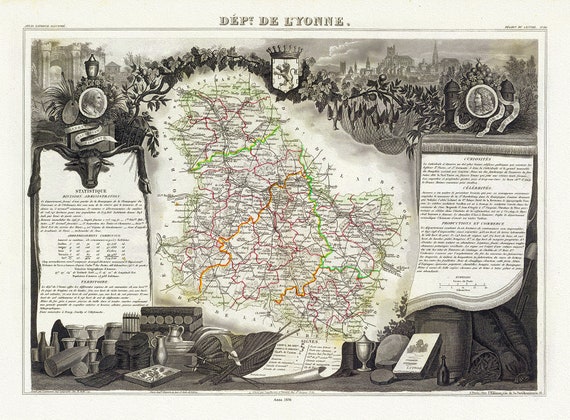 Lyonnais: Levasseur, Dept. De Lyonne, 1856 , carte sur toile de coton épaisse, environ 56x70cm