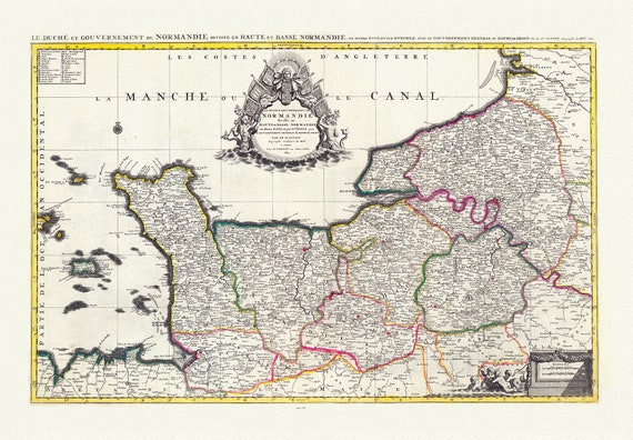 Normandy: Jaillot, Mortier et Sanson, Le Duche et Gouvernement General de Normandie, 1708, carte sur toile de coton épaisse, environ 56x70cm