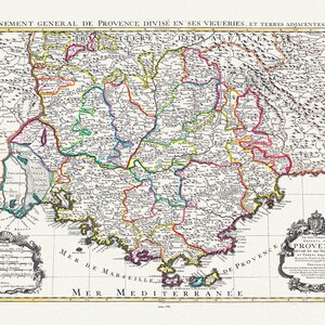 Provence: Jaillot, Mortier et Sanson, Le Gouvernement General de Provence, 1708 ,une carte sur toile de coton épaisse, environ 56x70cm