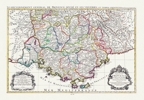 Provence: Jaillot, Mortier et Sanson, Le Gouvernement General de Provence, 1708 ,une carte sur toile de coton épaisse, environ 56x70cm