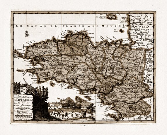 Bretagne: van der Aa, Carte du Gouvernement de Bretagne, 1714 Ver. S, une carte sur toile de coton épaisse, environ 56x70cm