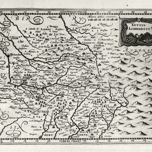 Totius Lemouicier. 1636. Mercator et al. auth. , une carte sur toile de coton épaisse, environ 56x70cm