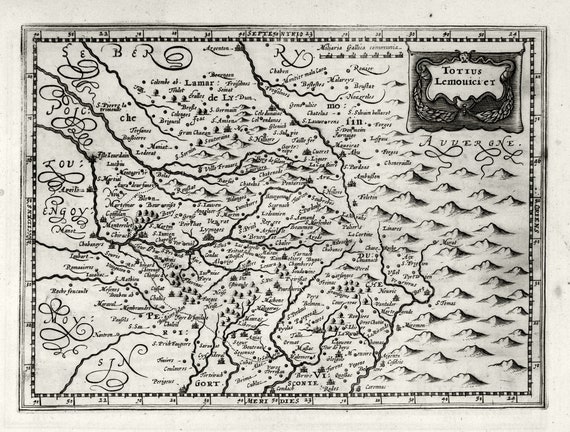 Totius Lemouicier. 1636. Mercator et al. auth. , une carte sur toile de coton épaisse, environ 56x70cm