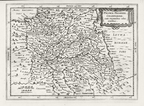 Picardie, Champaigne, cum regionibus adiacentibus.1636. Mercator et al. auth., une carte sur toile de coton épaisse, environ 56x70cm